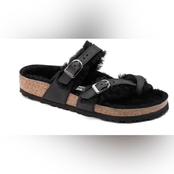 Birkenstock Black Mayari Shearling Oiled Leather single toe loop cork shoe size8 - Picture 8 of 9